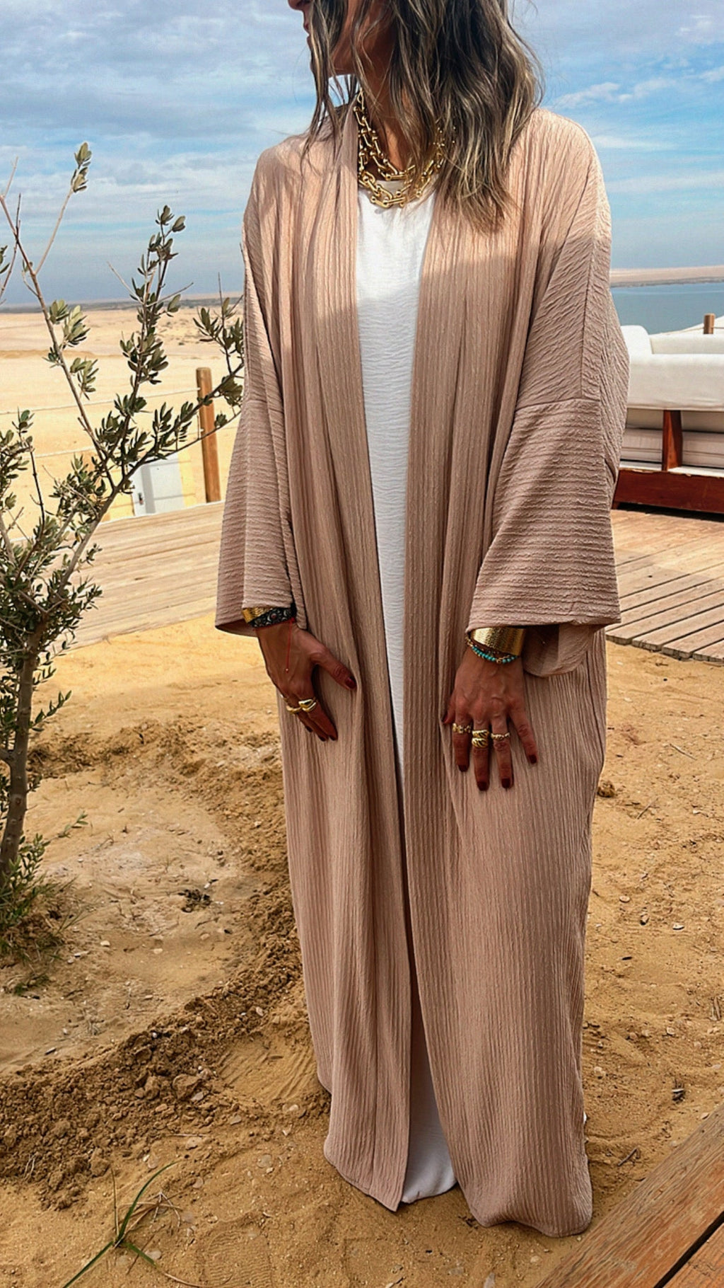 Beige Longline Thick Kimono