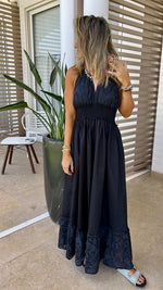 Black Backless Summer Anglaise Trim Dress