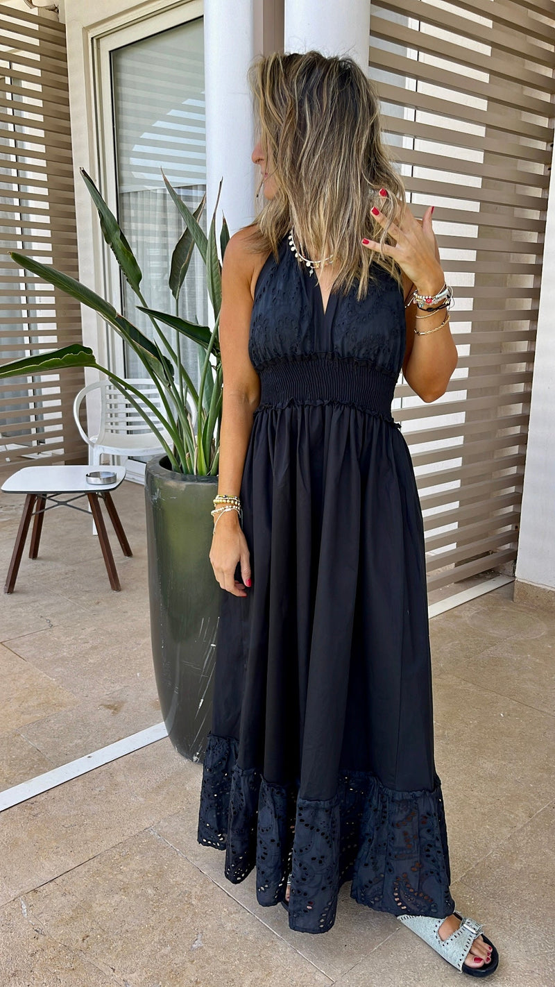 Black Backless Summer Anglaise Trim Dress