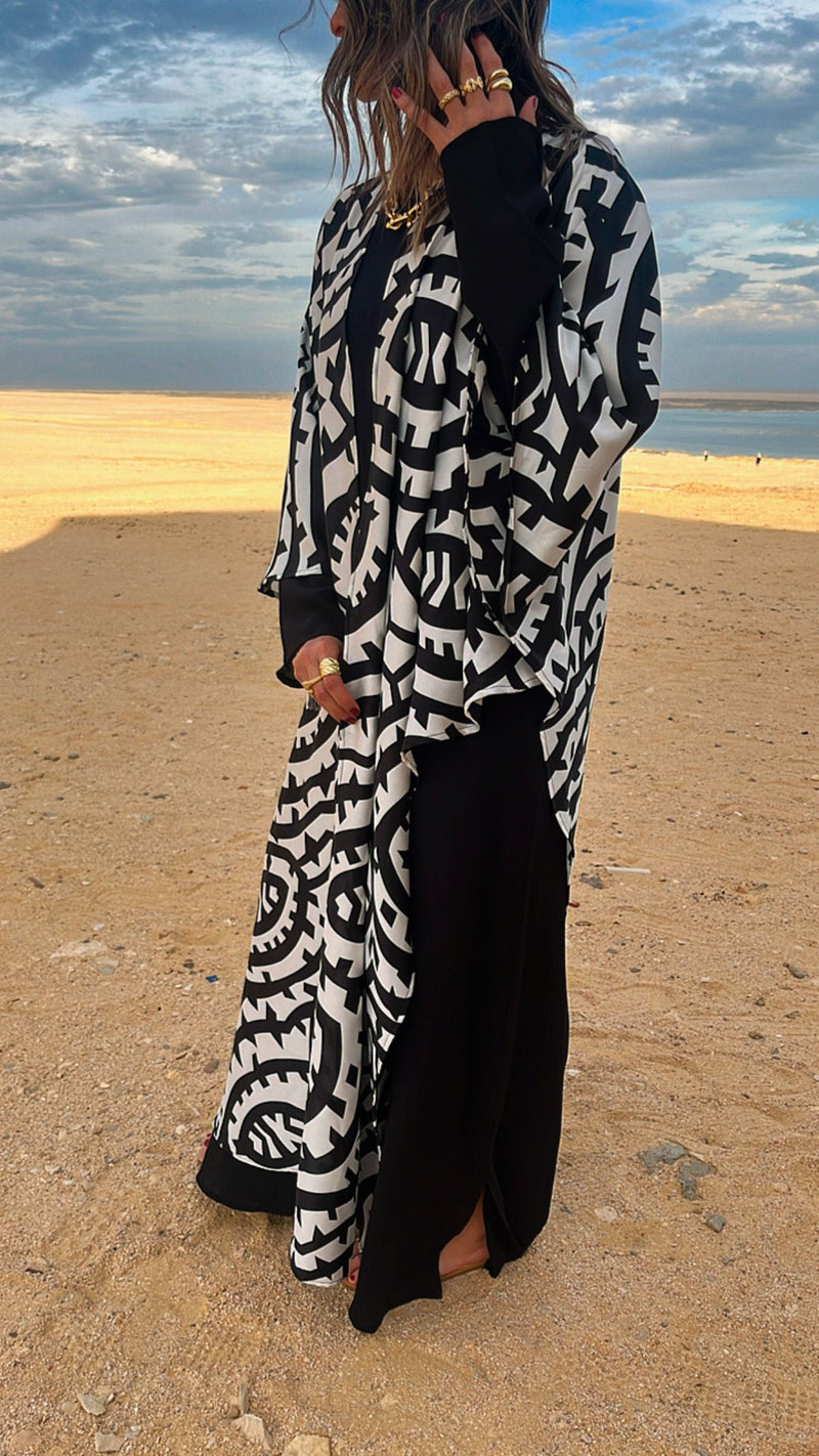 Black Abstract Monochrome Kimono Set