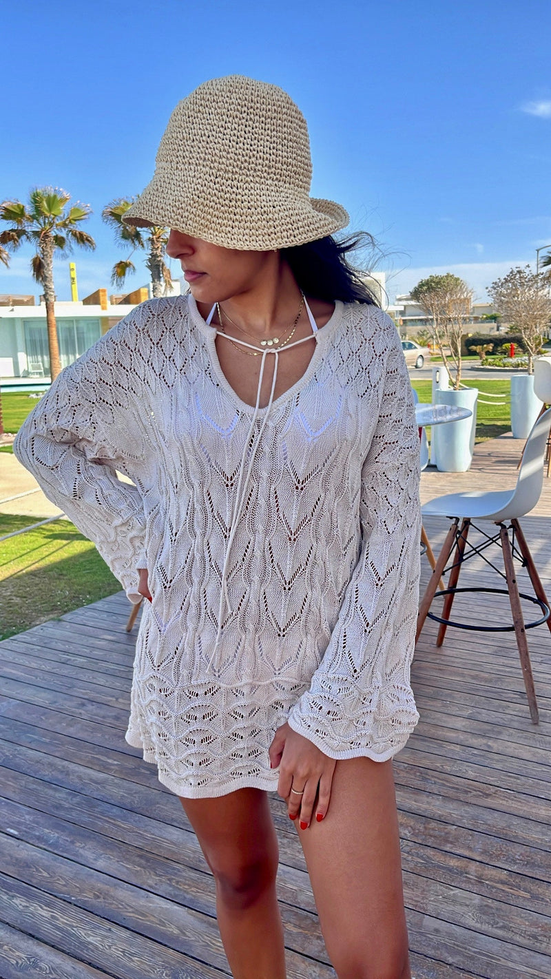 Beige Warm Weather Crochet Mini Dress