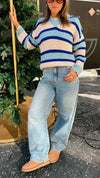 Blue & White Striped V Knit Pullover