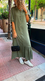 Olive Lined Times Button Linen Dress