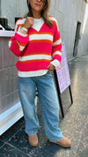 Fuchsia & White Striped V Knit Pullover