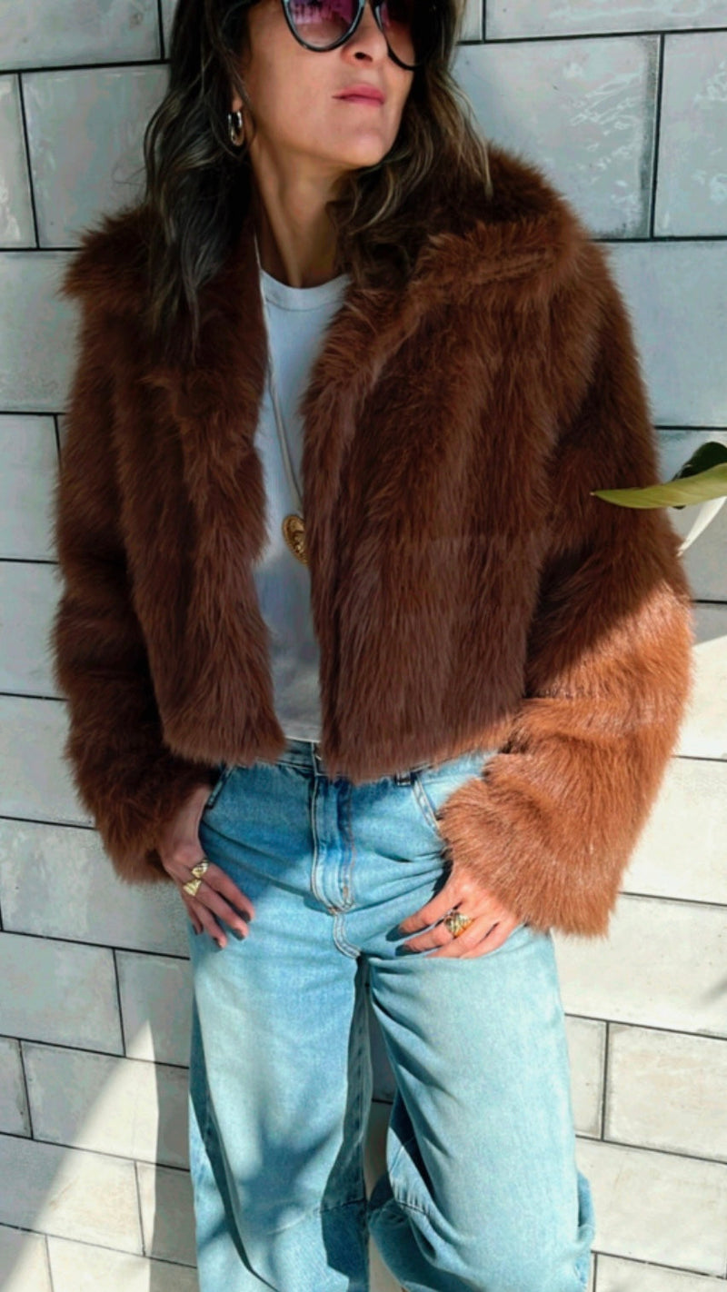 Camel Faux Fur Cropped Jacket