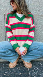 Green & White Striped V Knit Pullover