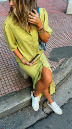 Lime Lined Times Button Linen Dress