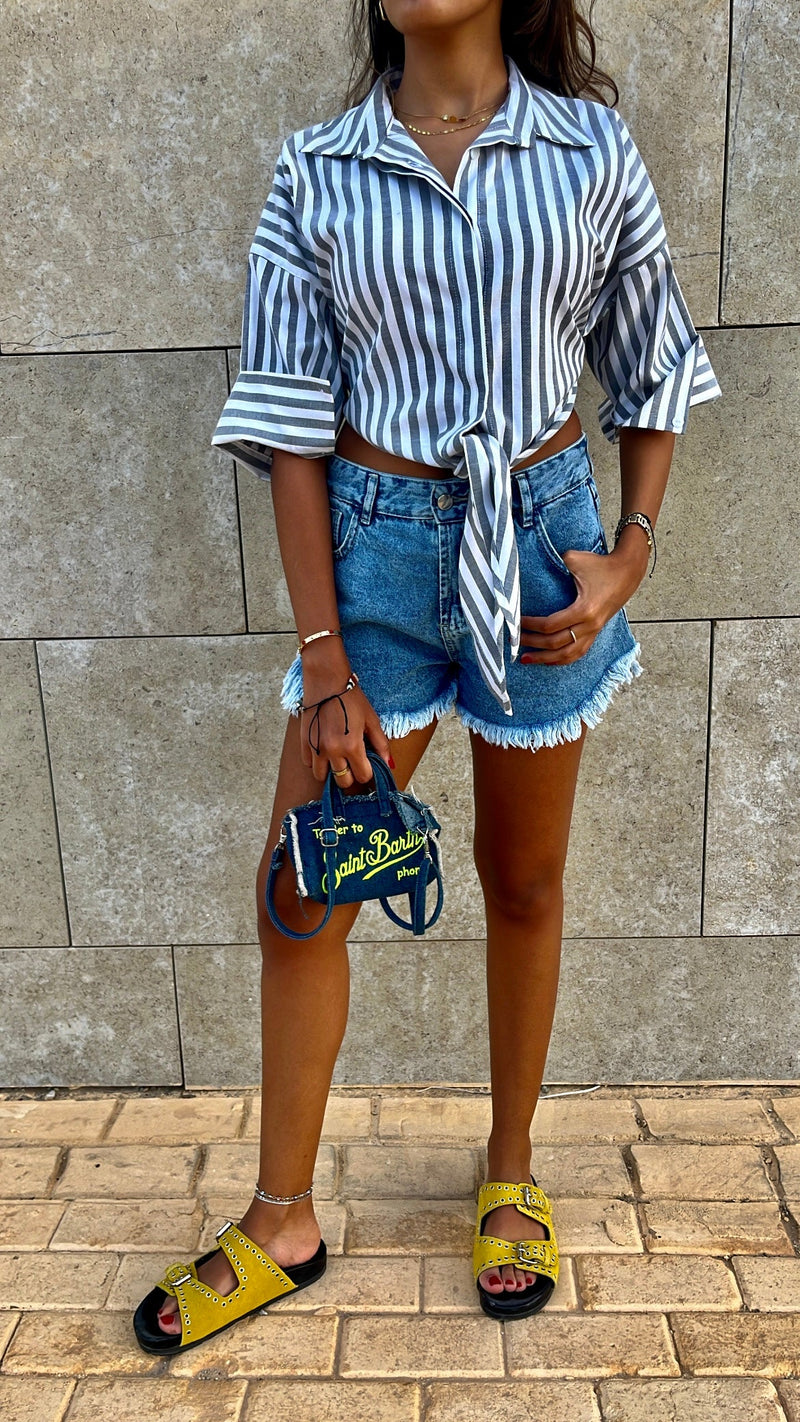 Black Strips and Stripes Cropped Front Tie Shirt