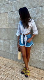 Beige Strips and Stripes Cropped Front Tie Shirt