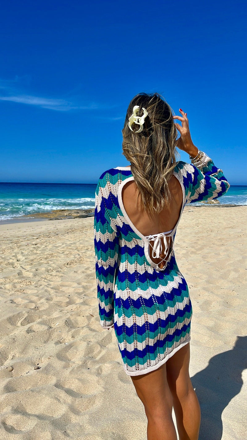 Blue Sand And Salt Backless Crochet Mini Dress