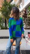 Blue & Green Retro Inspired Checkered Jumper