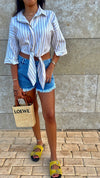 Beige Strips and Stripes Cropped Front Tie Shirt