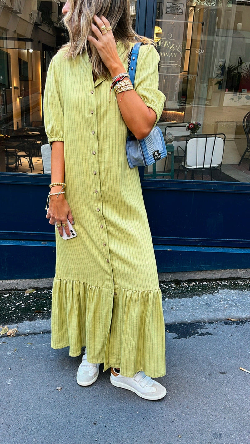 Lime Lined Times Button Linen Dress