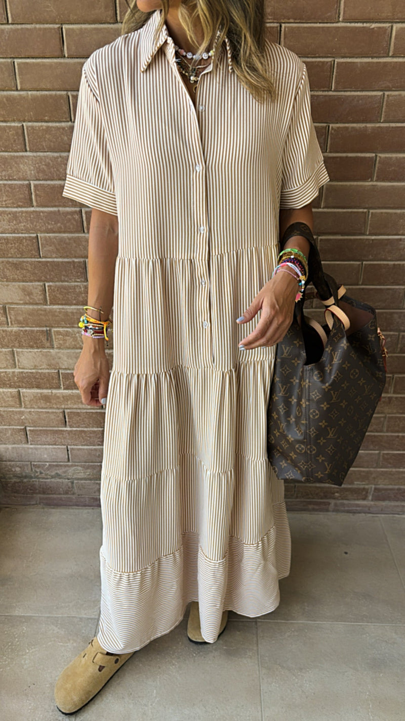 Beige Striped Shirt Dress