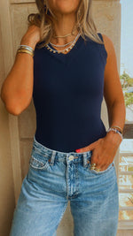 Navy 101 Interknit V Ribbed Top