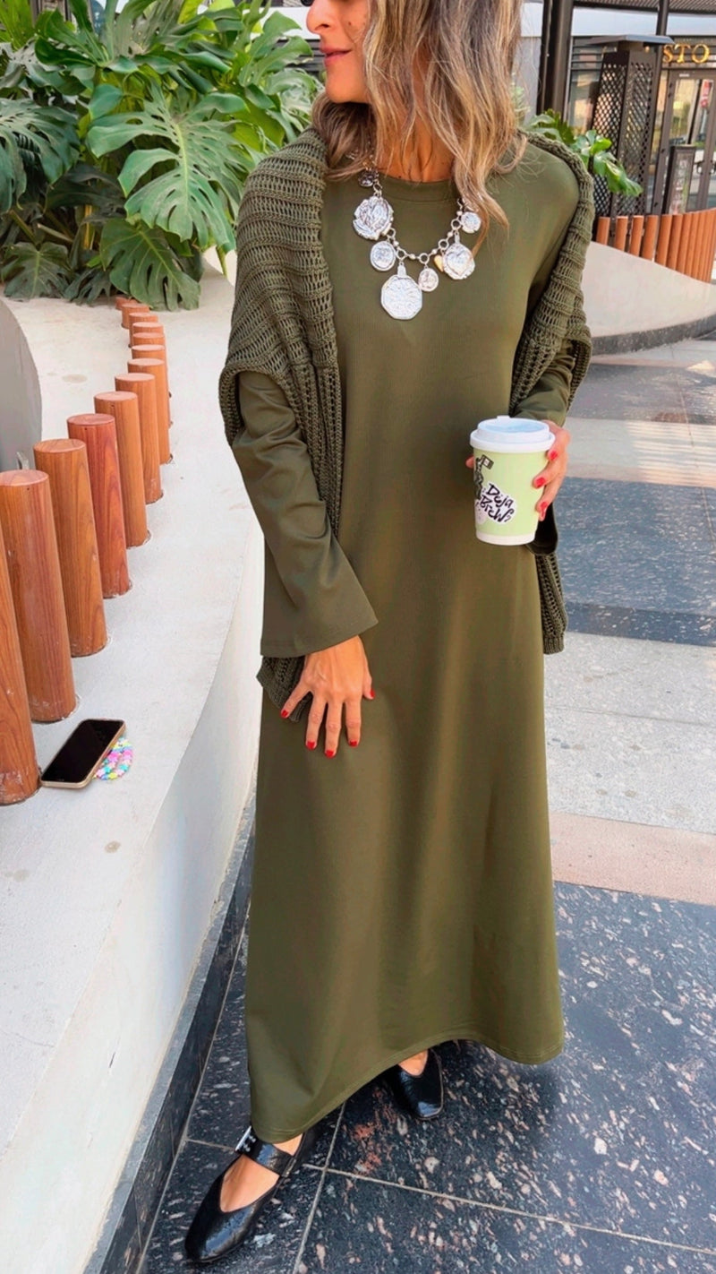 Olive Crew Neck Ribbed Dress