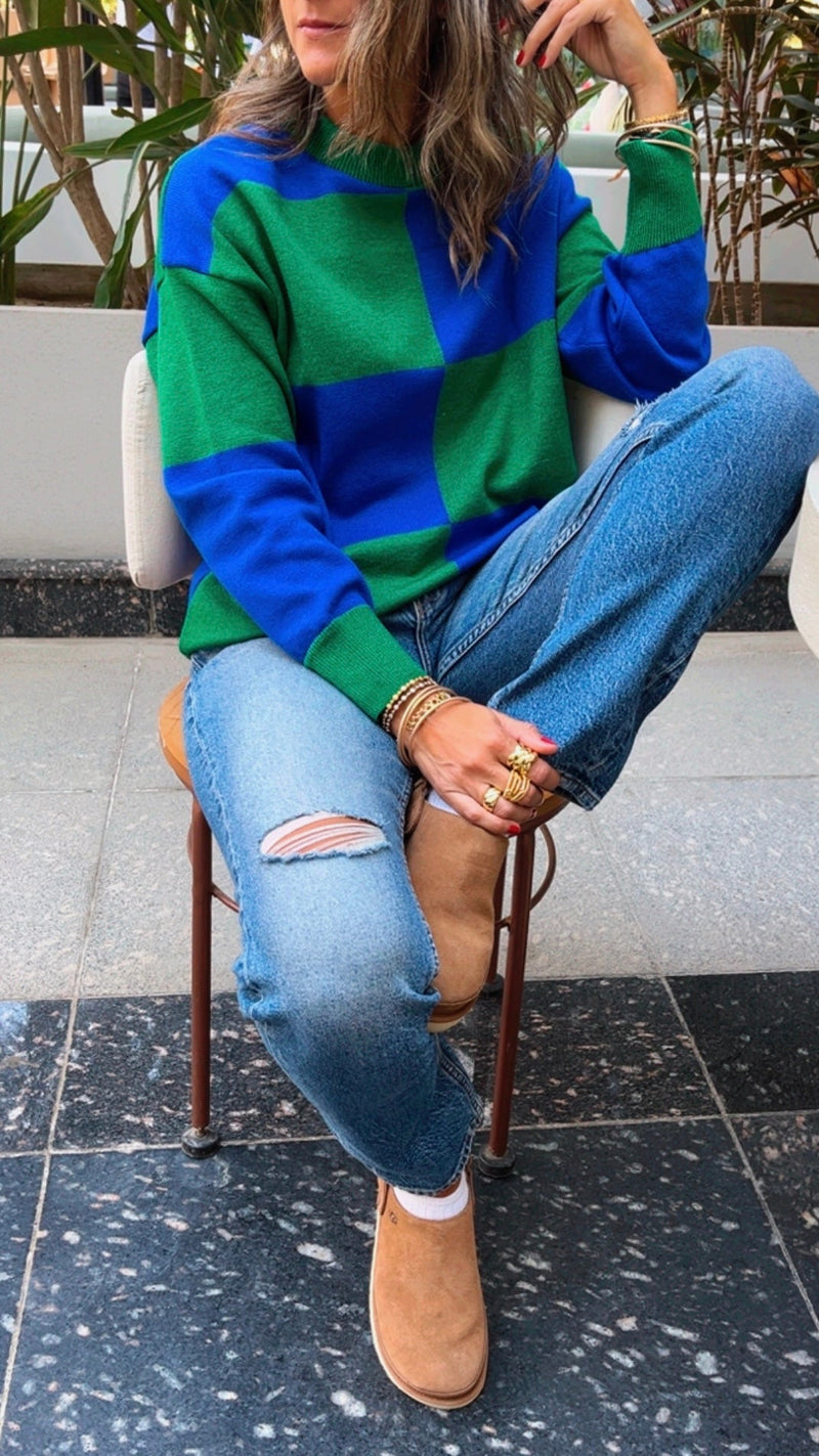 Blue & Green Retro Inspired Checkered Jumper