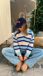 Blue & White Striped V Knit Pullover