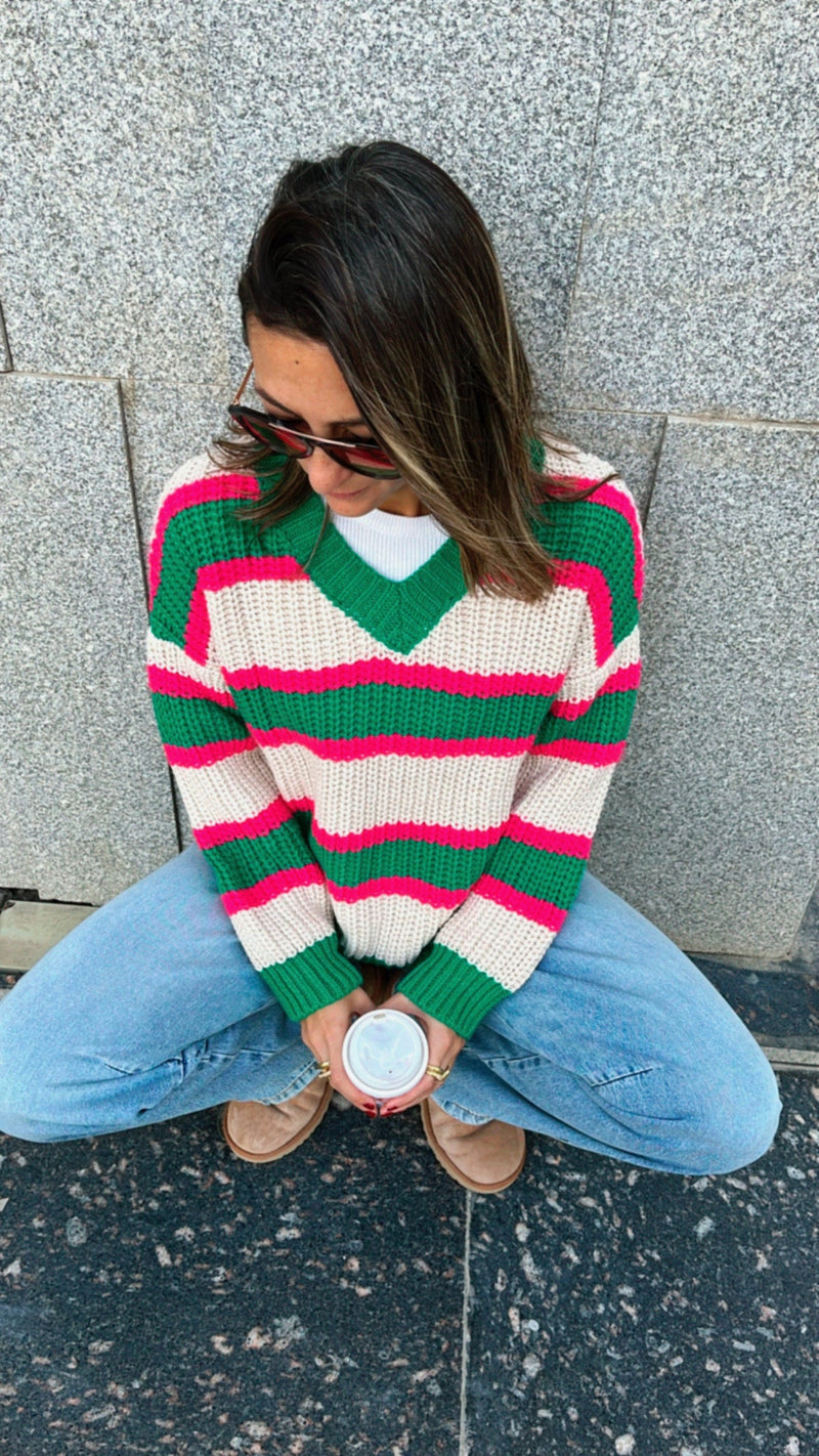 Green & White Striped V Knit Pullover