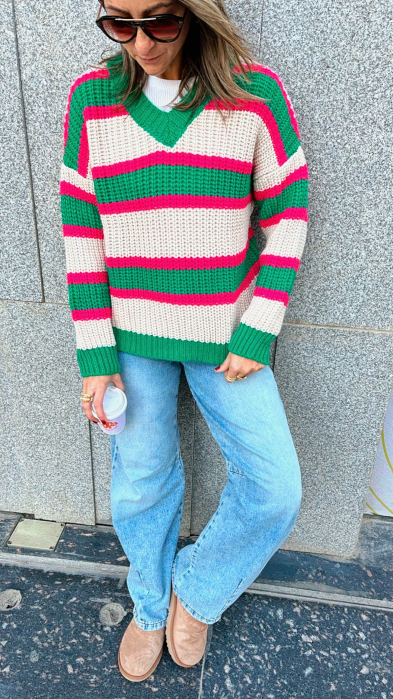 Green & White Striped V Knit Pullover