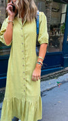 Lime Lined Times Button Linen Dress