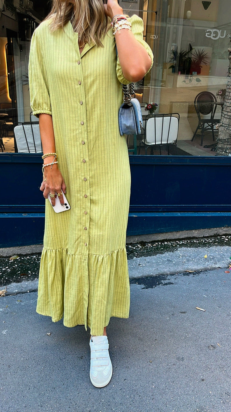 Lime Lined Times Button Linen Dress