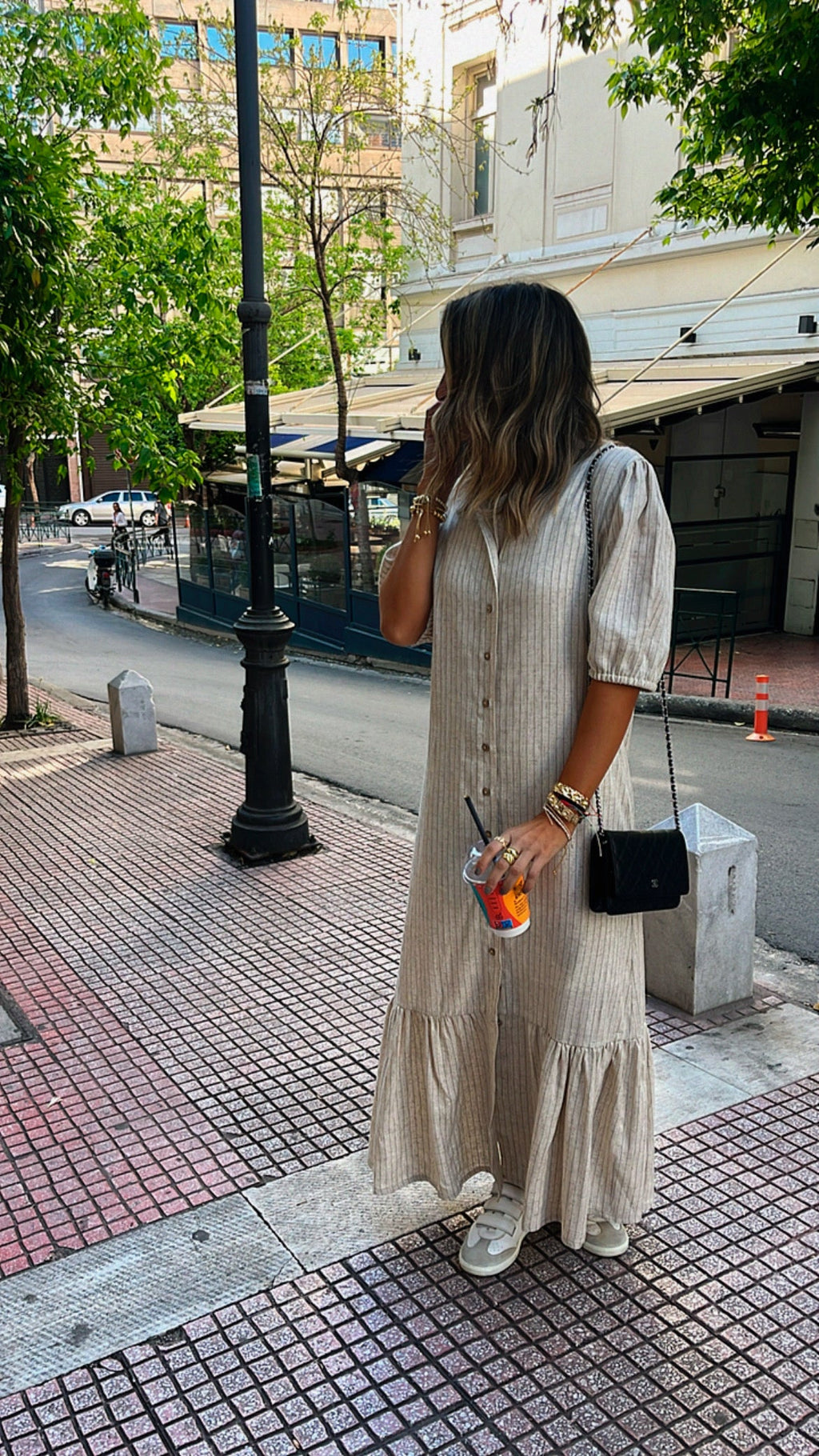 Beige Lined Times Button Linen Dress