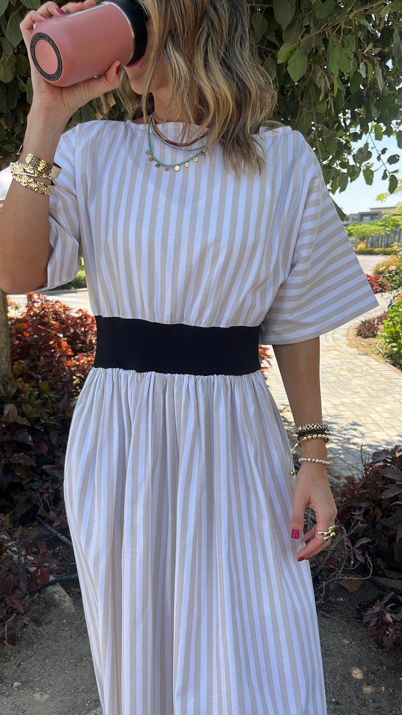 Beige Snatch Waist Stripe Dress