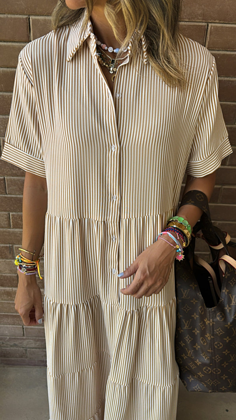 Beige Striped Shirt Dress