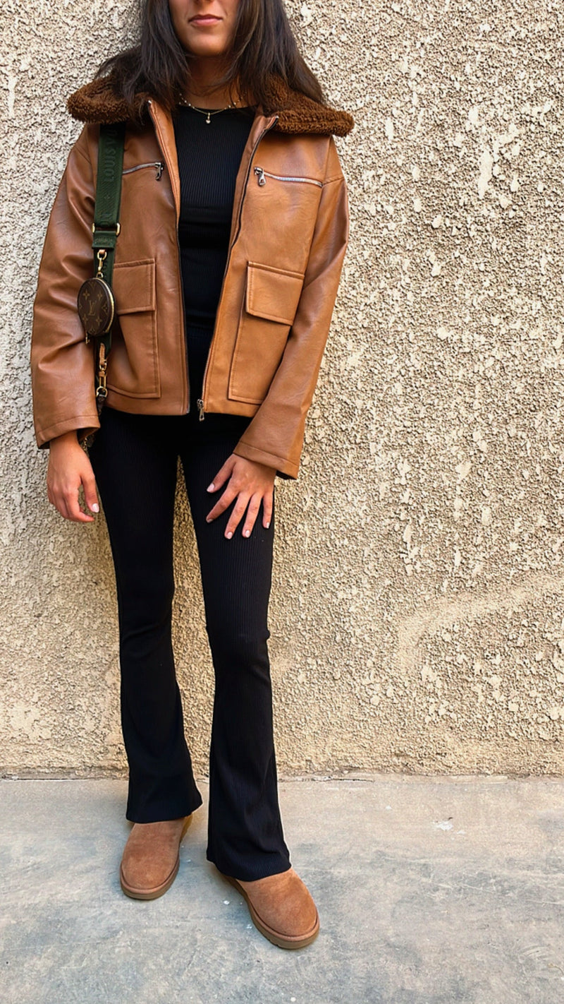 Brown Teddy Leather Zip Up Jacket