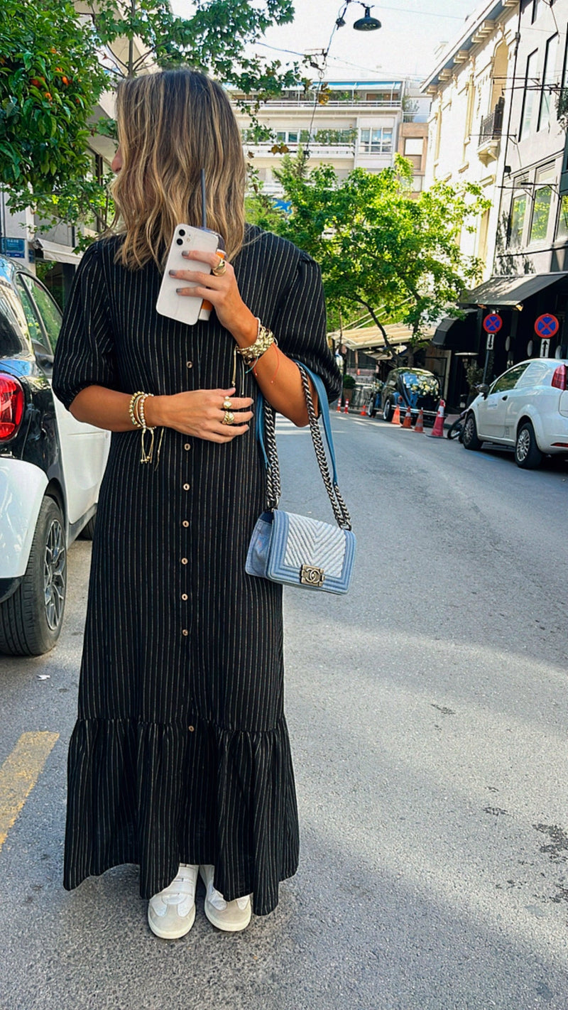 Black Lined Times Button Linen Dress