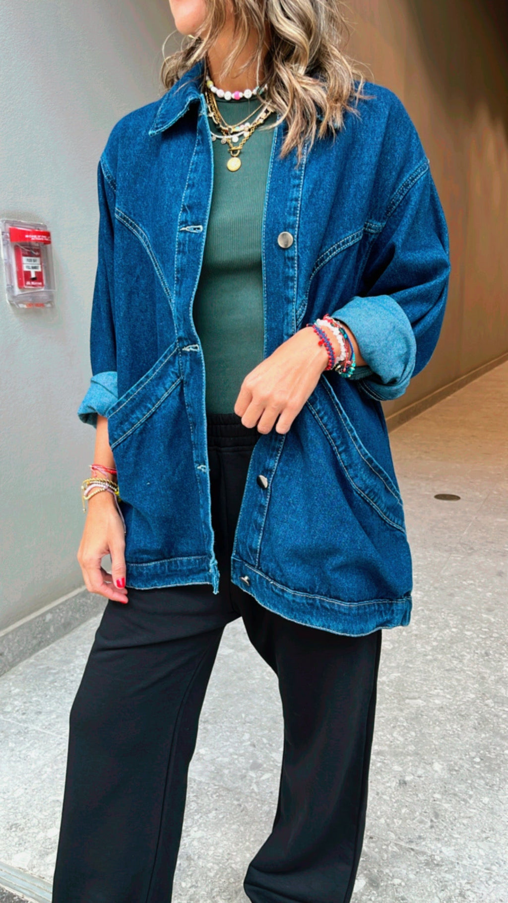 Dark Exaggerated Double Pocket Denim Jacket