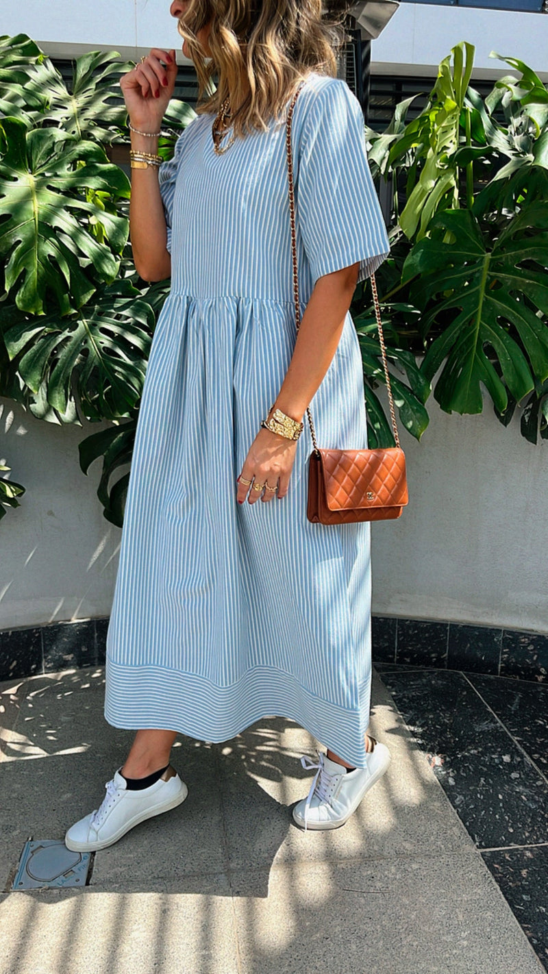 Baby Blue Pinstripe Linen Dress