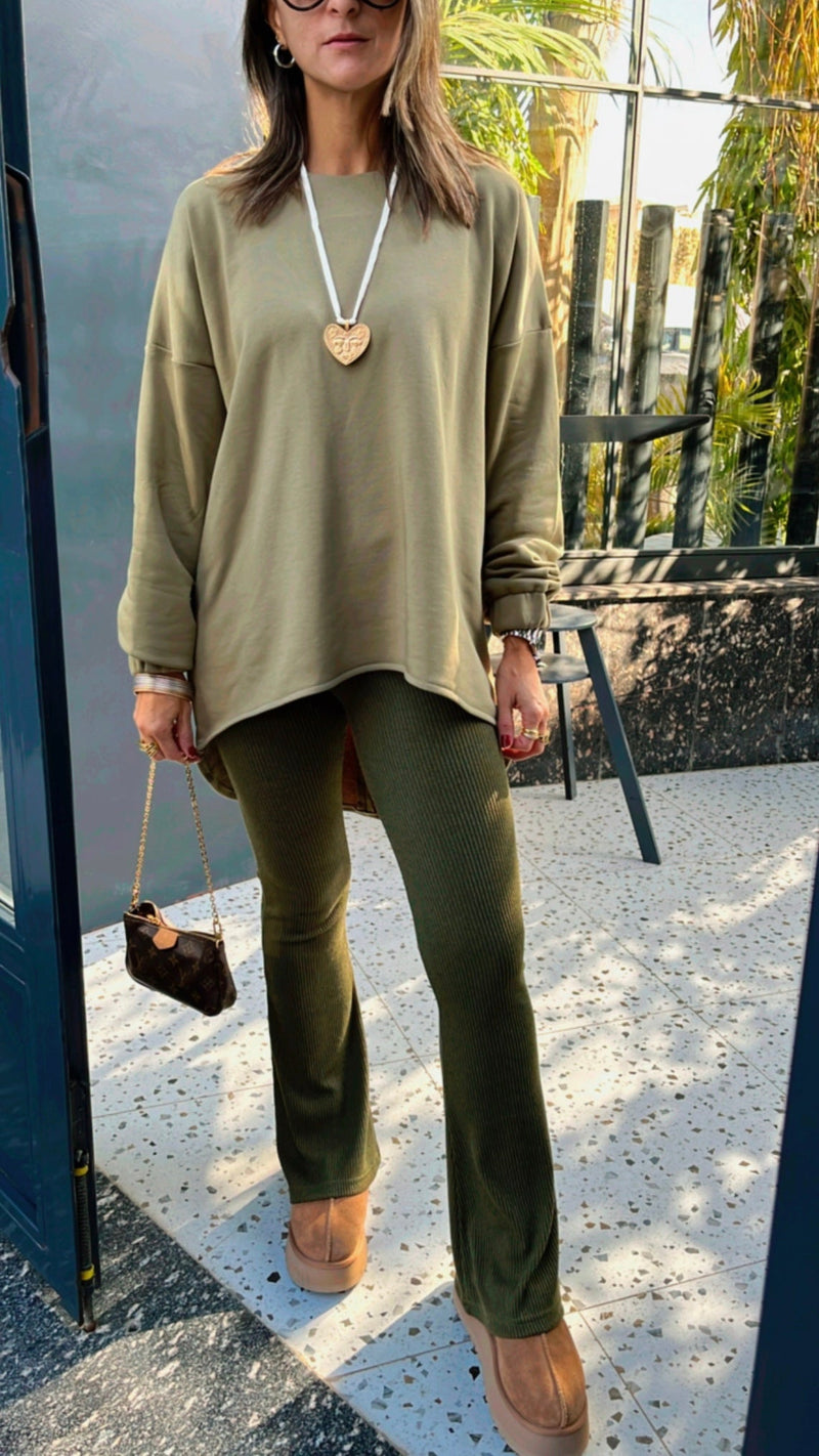 Olive Ribbed Knit Flare