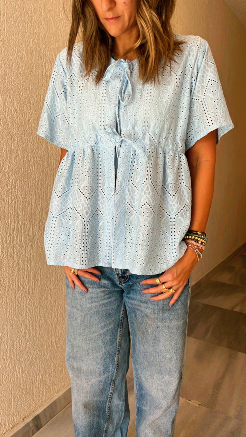 Baby Blue Double Front Tie Top