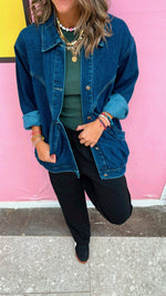 Dark Exaggerated Double Pocket Denim Jacket