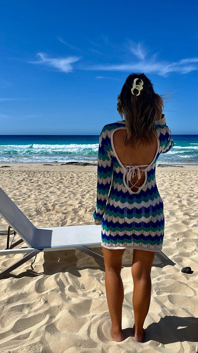 Blue Sand And Salt Backless Crochet Mini Dress