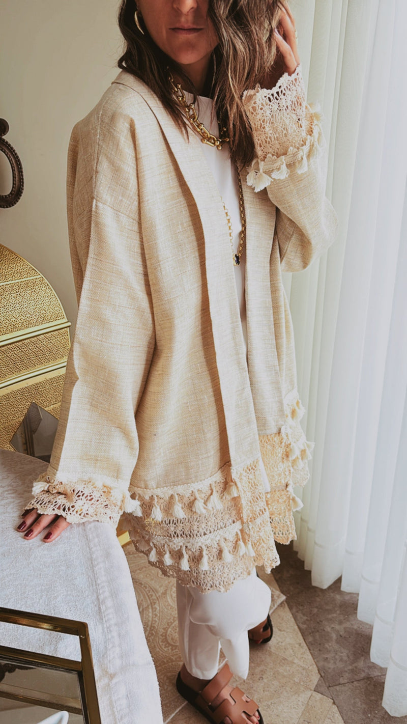 Beige Boho Detailed Mini Kimono