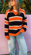 Black & Orange Striped V Knit Pullover