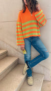 Orange Zip Up Striped Cropped Pullover