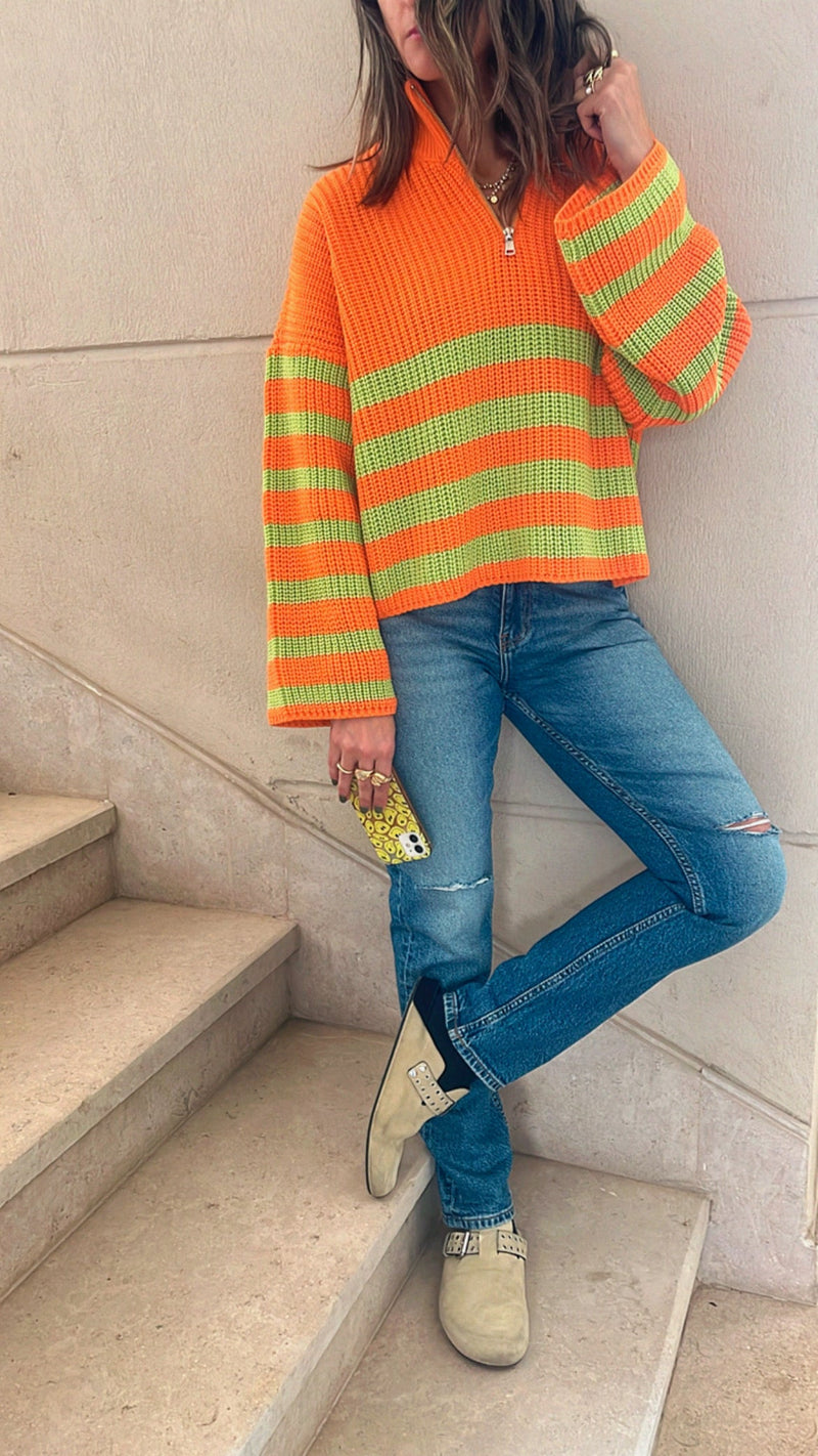 Orange Zip Up Striped Cropped Pullover