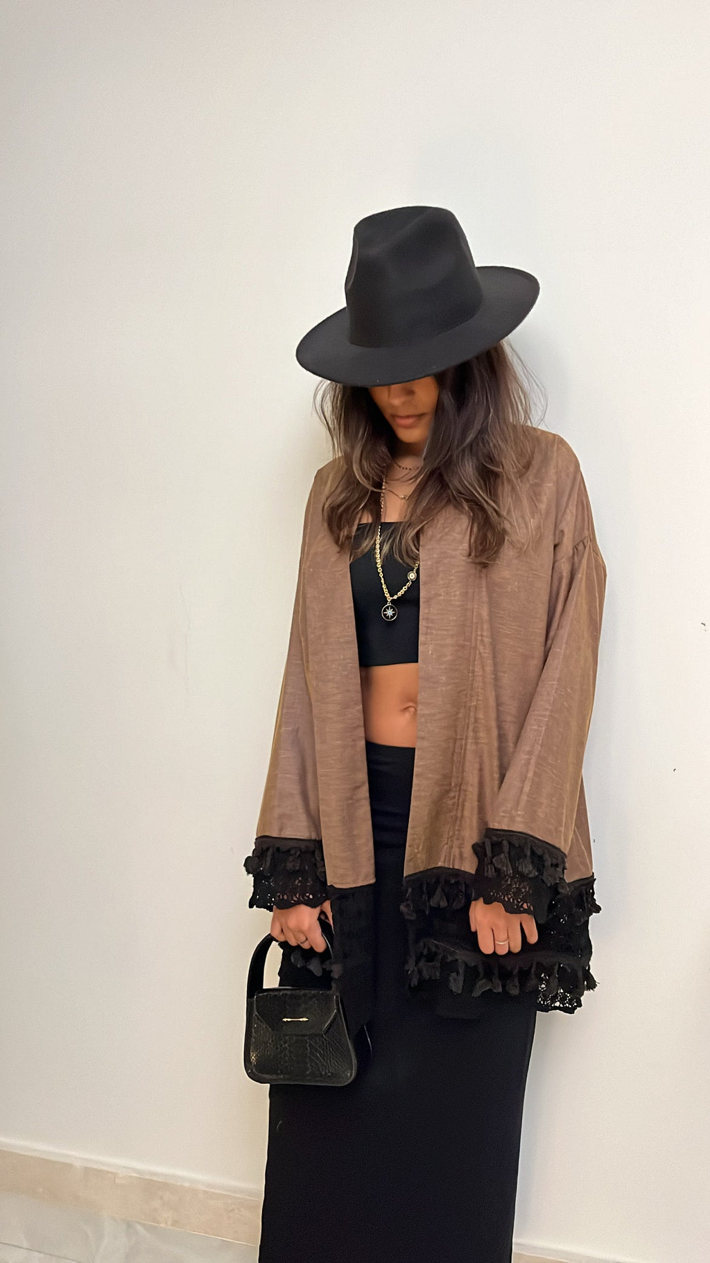 Brown Boho Detailed Mini Kimono