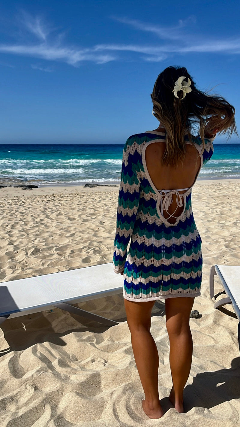 Blue Sand And Salt Backless Crochet Mini Dress