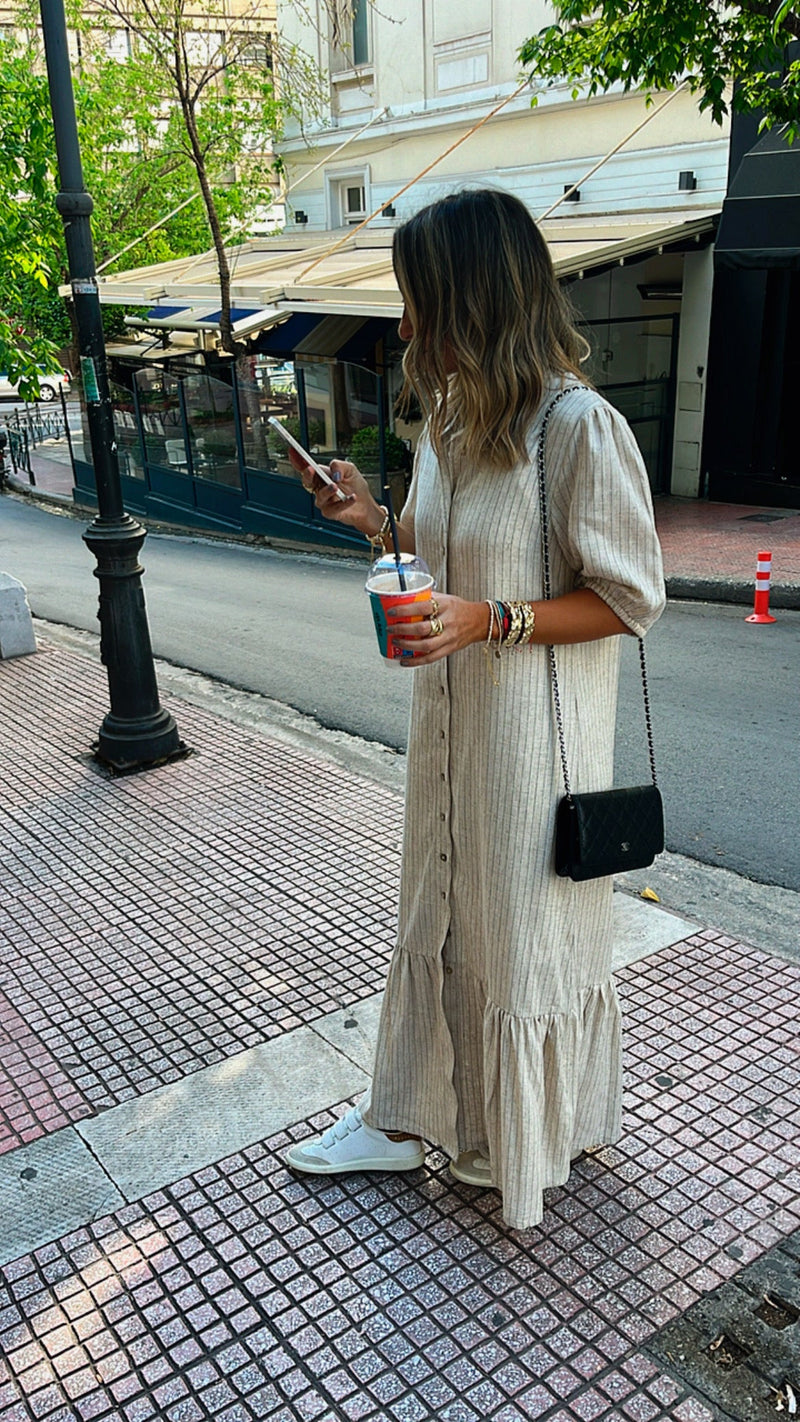 Beige Lined Times Button Linen Dress