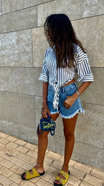 Black Strips and Stripes Cropped Front Tie Shirt