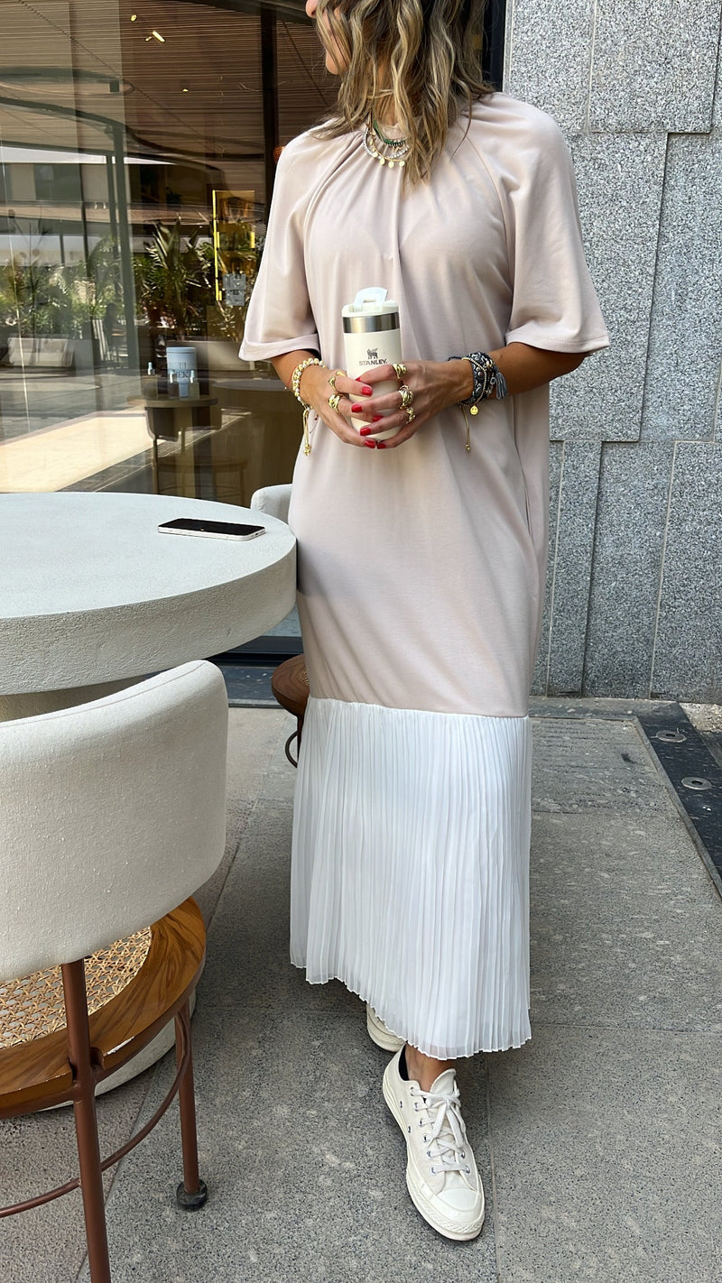 Beige Pleats Bottom Dress