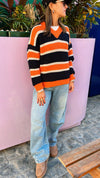 Black & Orange Striped V Knit Pullover