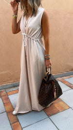 Beige Parachute Tie Waist Linen Jumpsuit