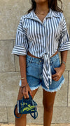 Black Strips and Stripes Cropped Front Tie Shirt