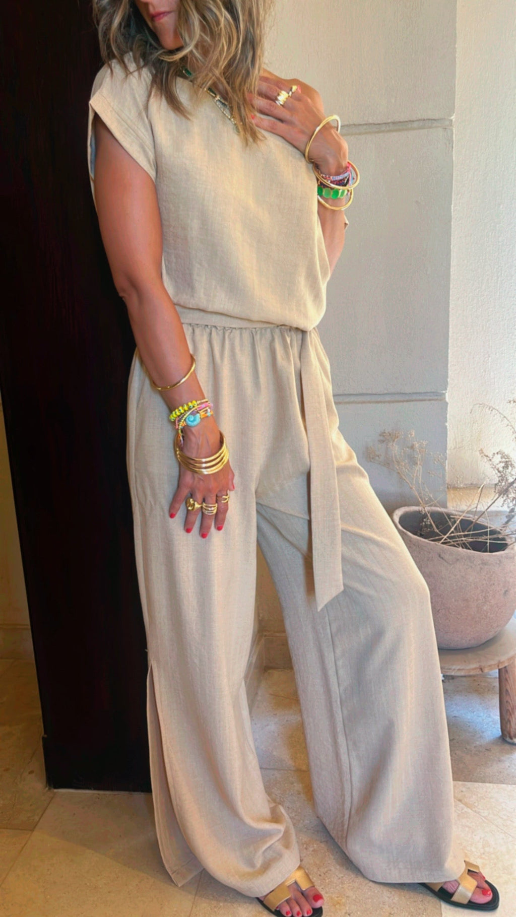 Beige Off Shoulder Belted Jumpsuit